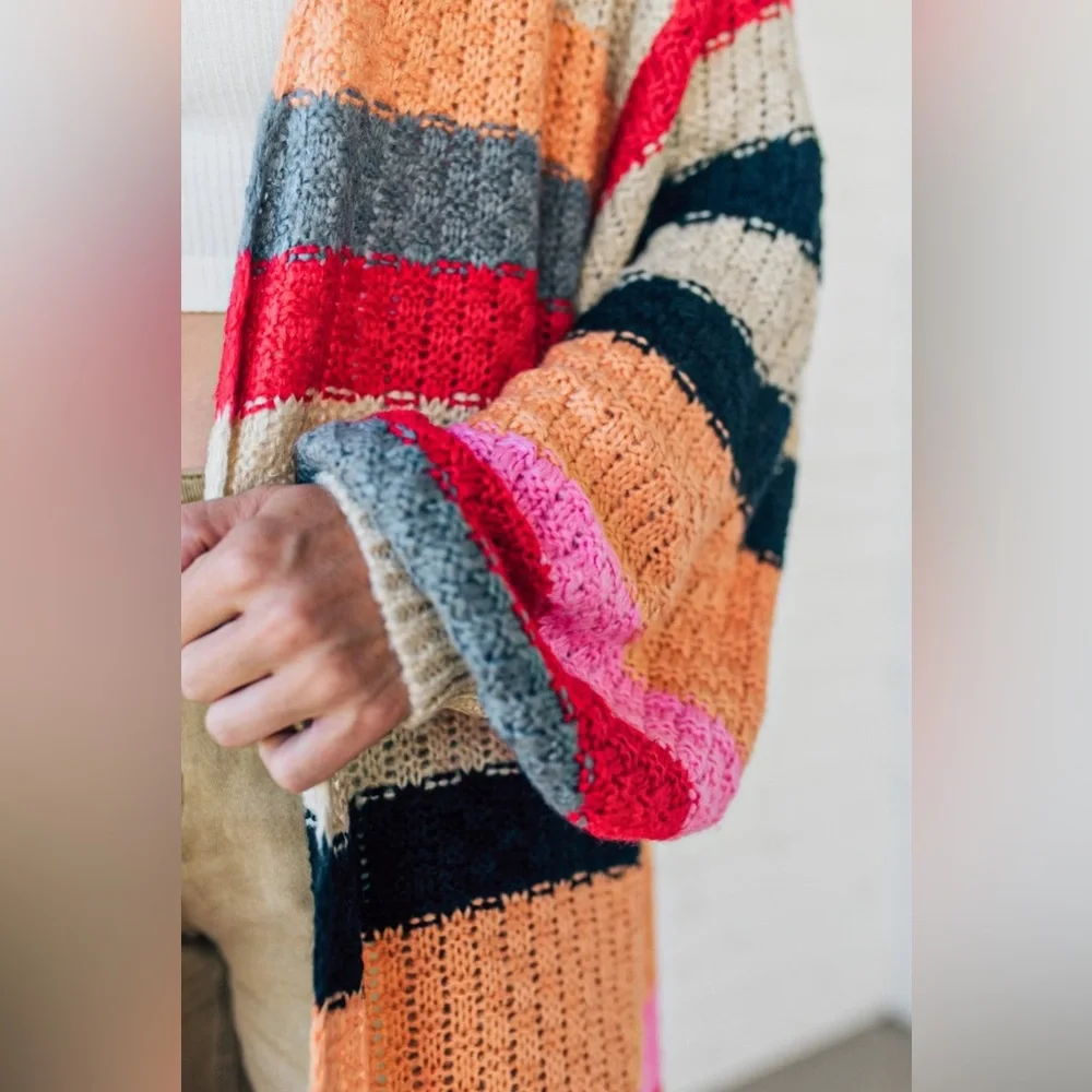 Talulah Colorful Stripe Chunky Knit Cardigan Balloon Sleeve - Picture 2 of 10
